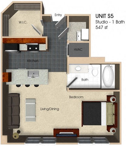 (S5)  Studio - 1 Bathroom Floor plan at Aurora, North Bethesda, Maryland