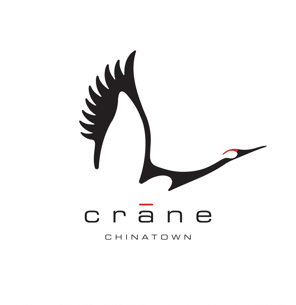 A black and white logo of a bird with the word crane and the location Chinatown.