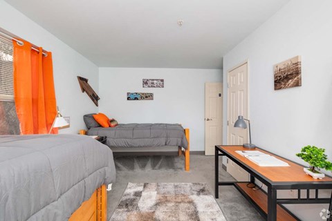 A bedroom with a bed, a couch, a desk, and a rug.