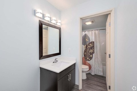 A bathroom with a sink, mirror, and shower.