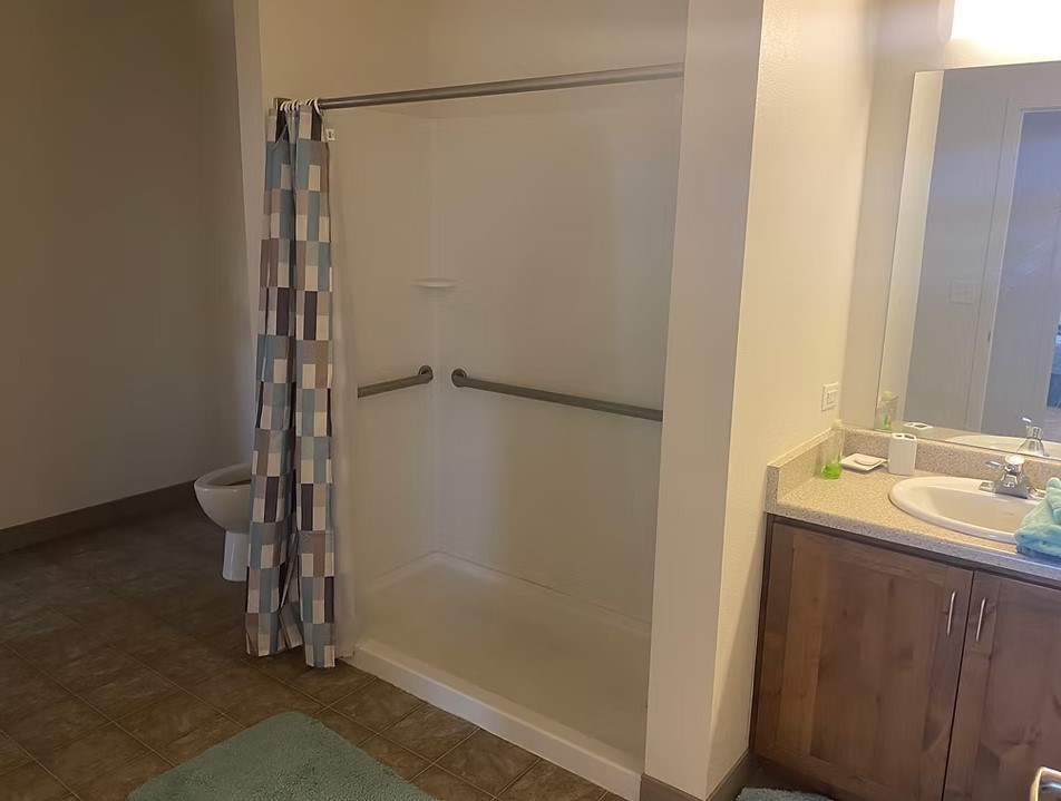 A bathroom with a shower curtain and a green rug.