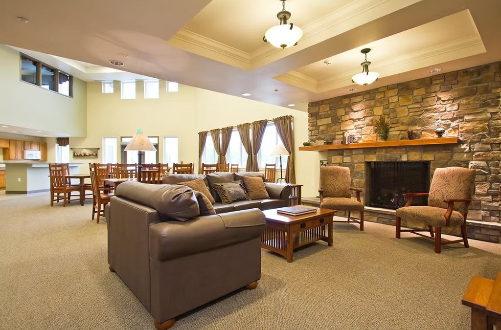 A living room with a stone fireplace and a grey couch.