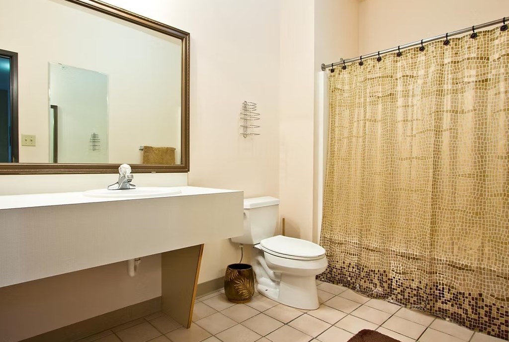 A bathroom with a white sink, toilet and a shower curtain.