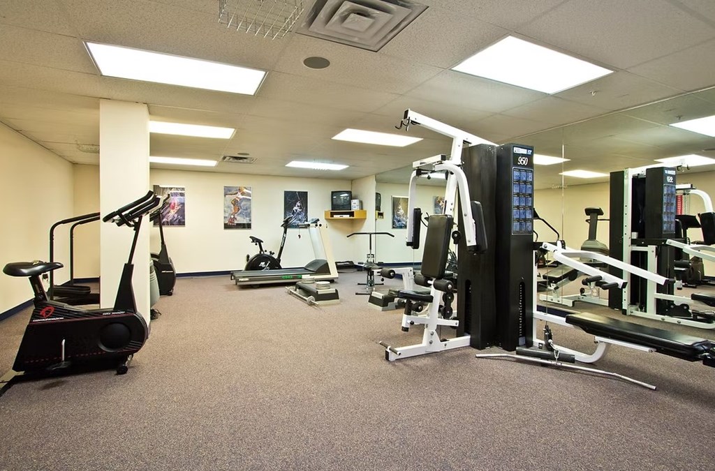 A gym with a variety of equipment including treadmills, stationary bikes, and weight machines.