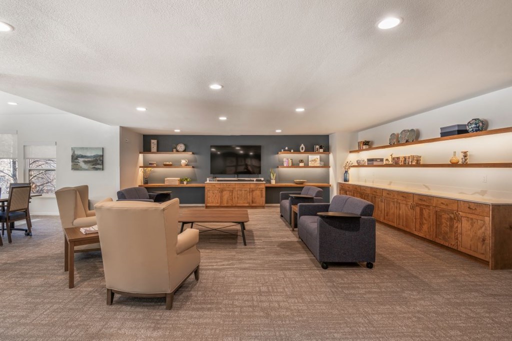 A living room with a grey carpet and furniture.