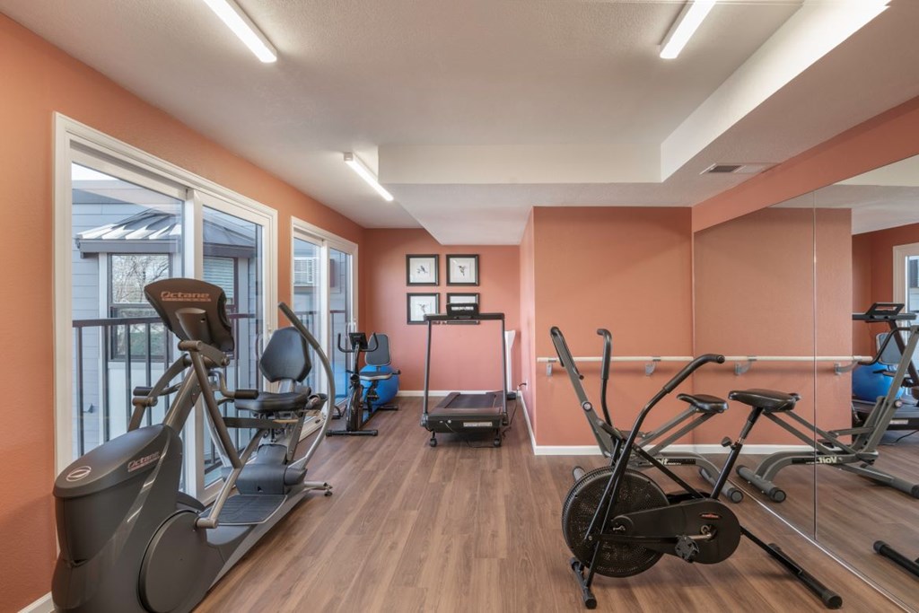 A gym with a variety of exercise equipment including treadmills, stationary bikes, and elliptical machines.