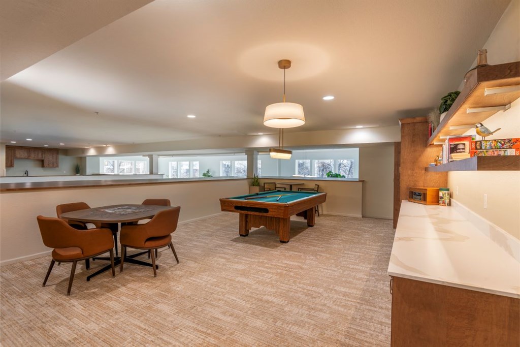 A room with a table and chairs and a pool table.