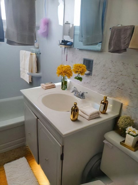 A bathroom with a sink, toilet, and a mirror.