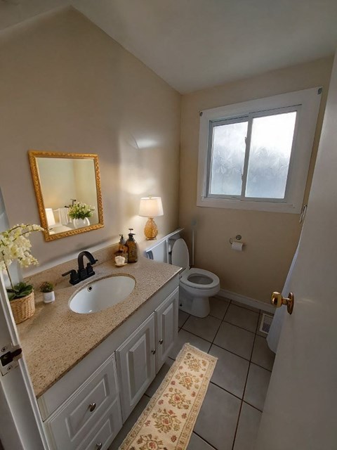 A bathroom with a sink, toilet, and a mirror.