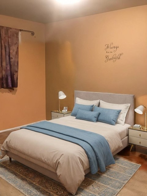 A bedroom with a bed, nightstands, and a lamp.