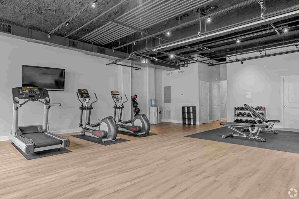 A gym with treadmills, elliptical machines, and a television.