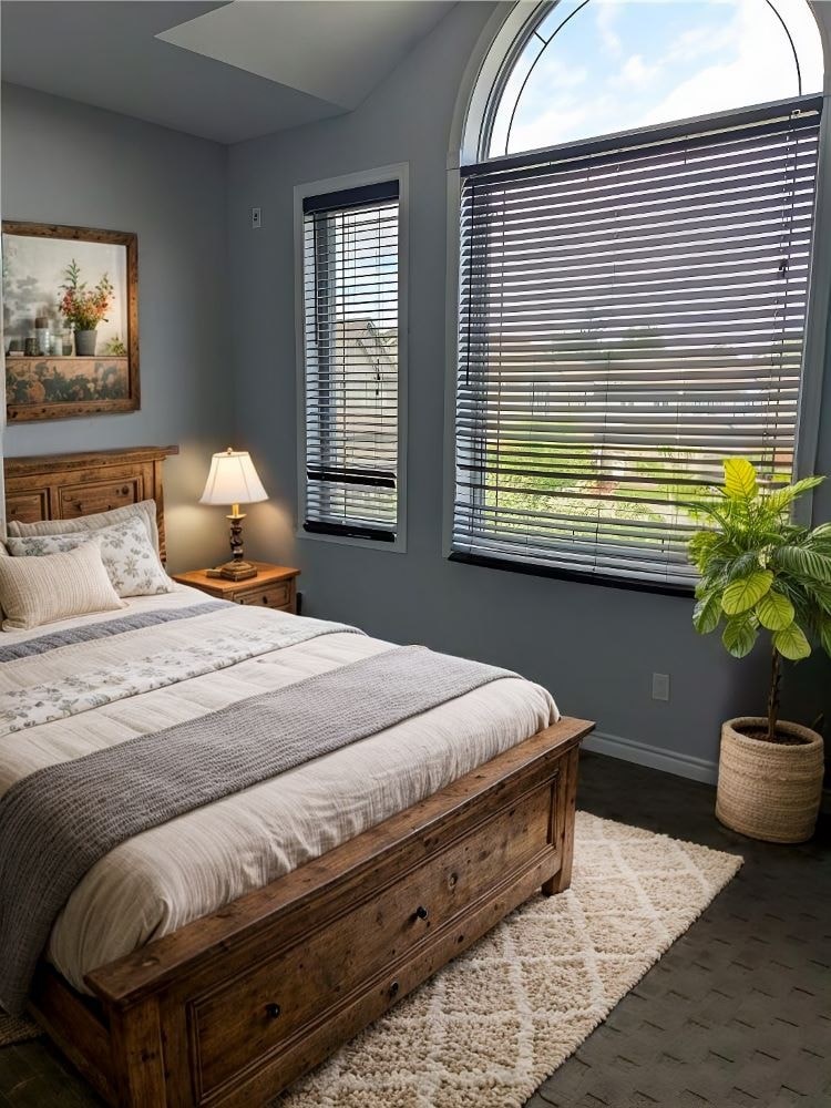 A bedroom with a large bed and a potted plant.
