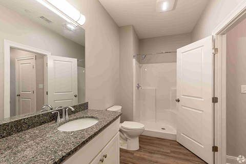 A bathroom with a granite countertop and white fixtures.