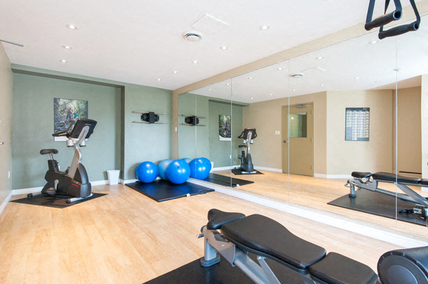 A gym with a mirror, exercise balls, and a rowing machine.