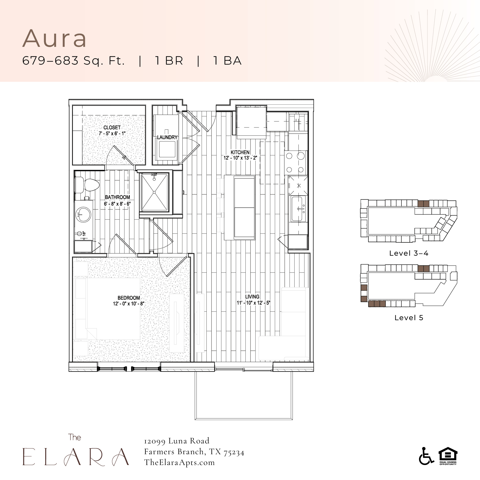 A floor plan for an apartment at The Elara in Farmers Branch, TX.