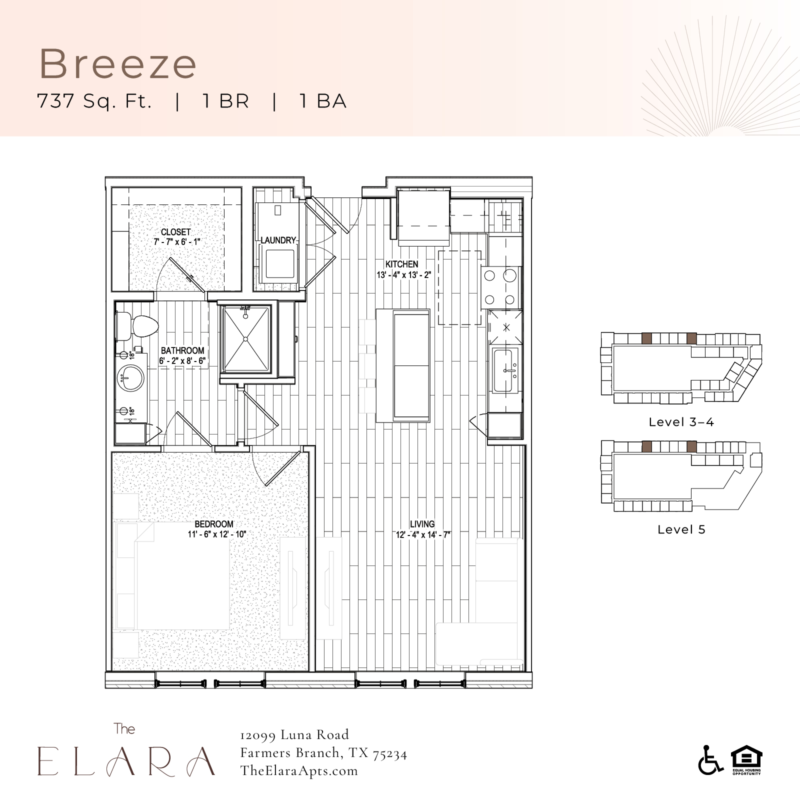 A floor plan for a 1 bedroom, 1 bathroom apartment at The Elara Farmers Branch.