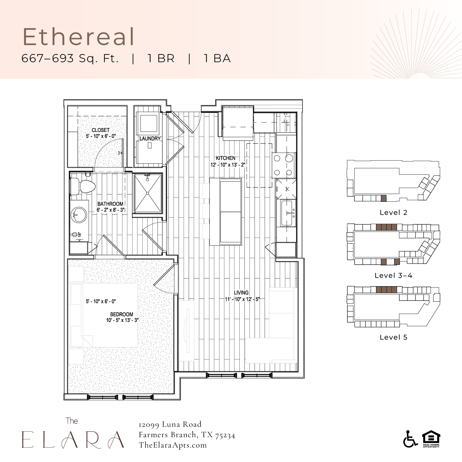A floor plan for a 1 bedroom, 1 bathroom apartment at The Elara.