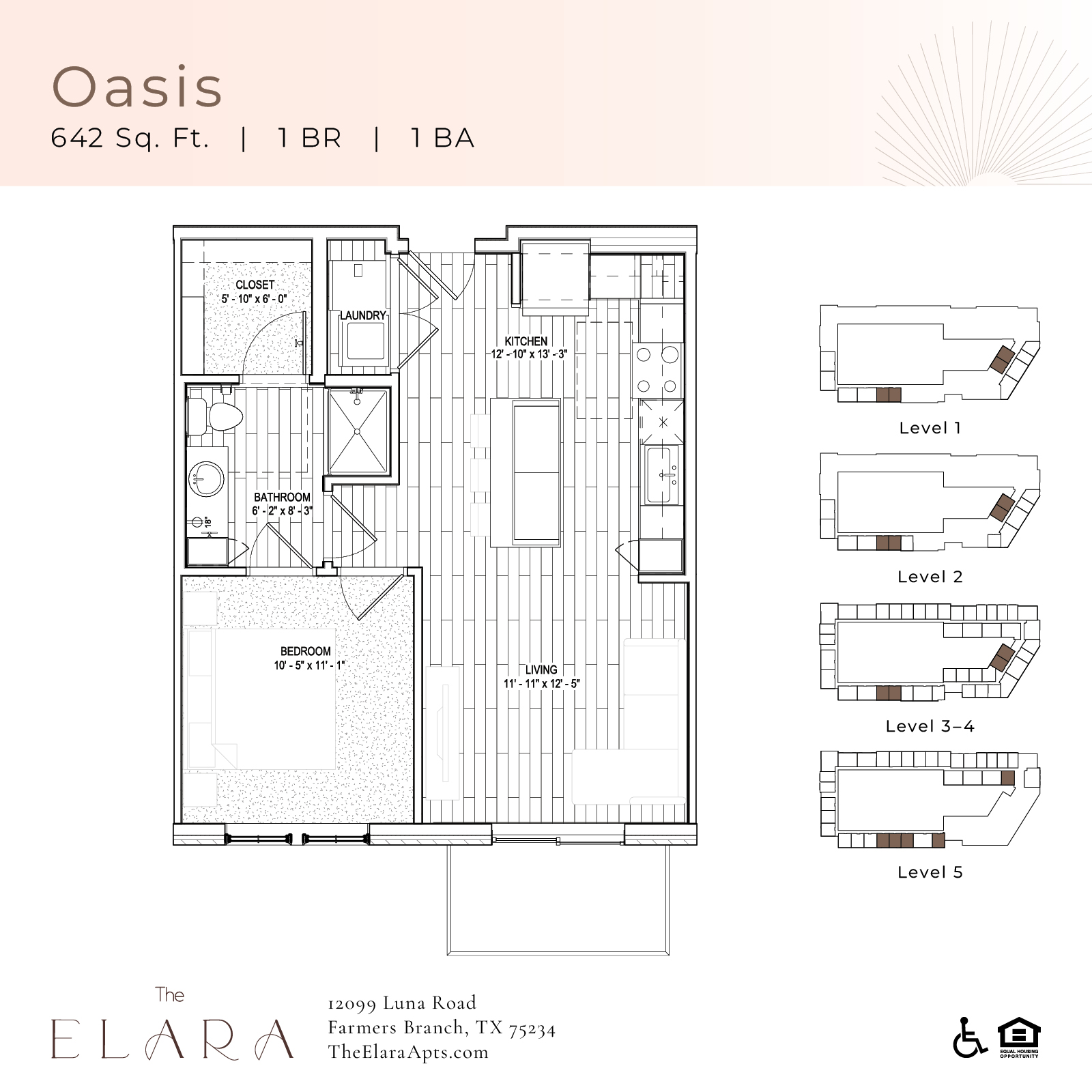 A floor plan for a 1 bedroom, 1 bathroom apartment at The ELARA.