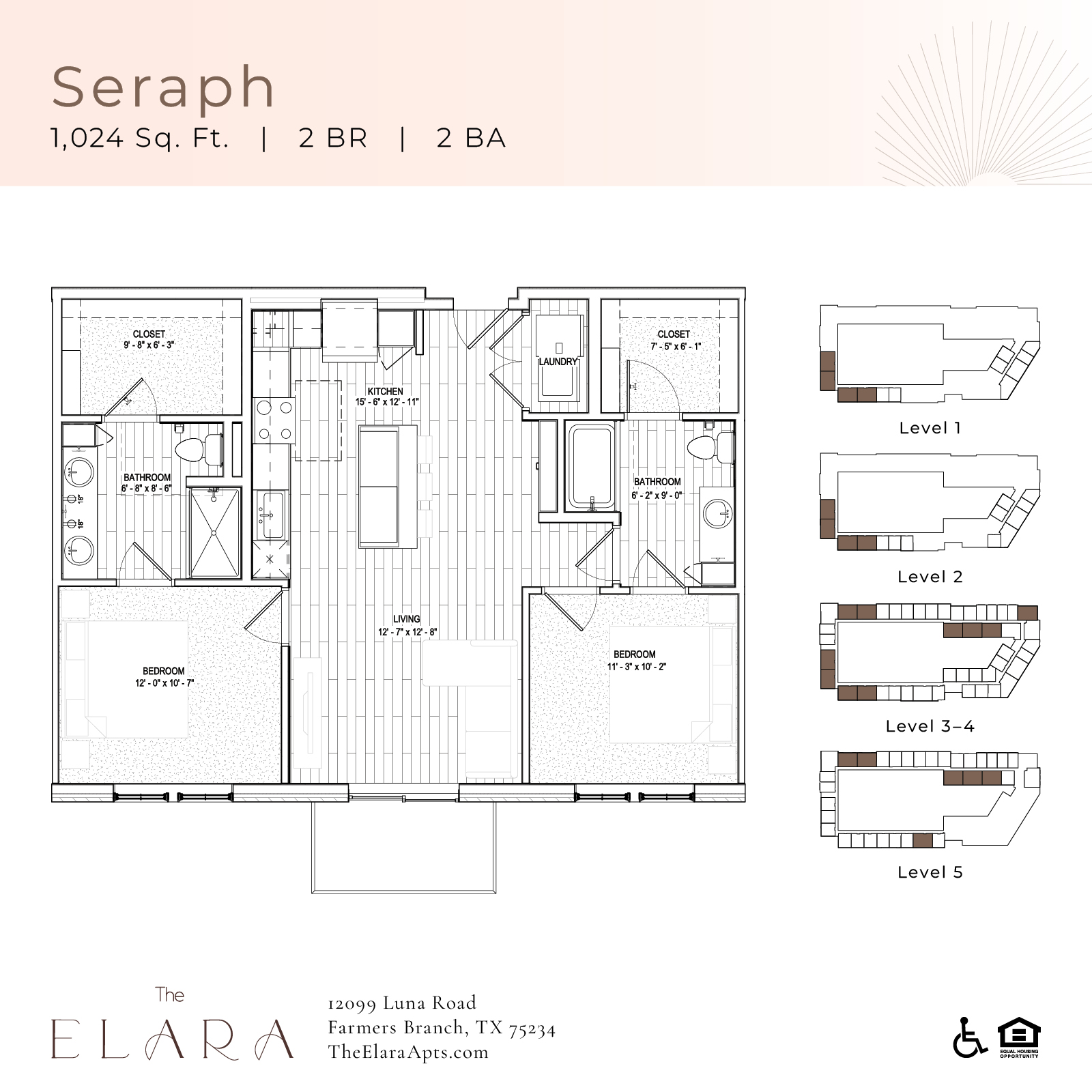 A floor plan for a property named Seraph is displayed, which includes details for 2 bedrooms and 2 bathrooms.