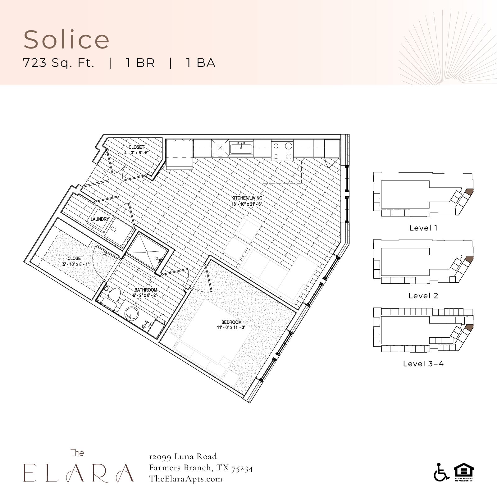 A floor plan for a property located at 723 Sq. Ft. on 1 BA and 1 BR.