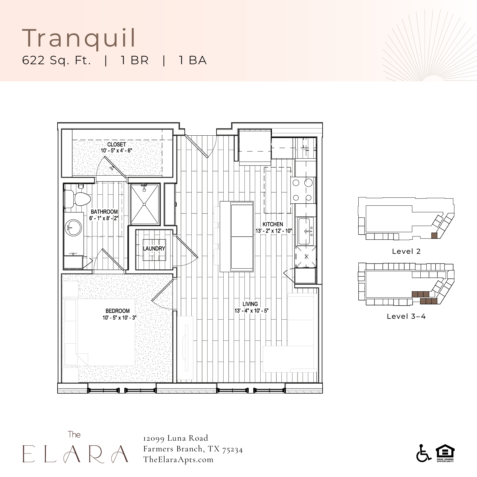 A floor plan for a 622 square foot home with 1 bedroom, 1 bathroom, and 1 garage.