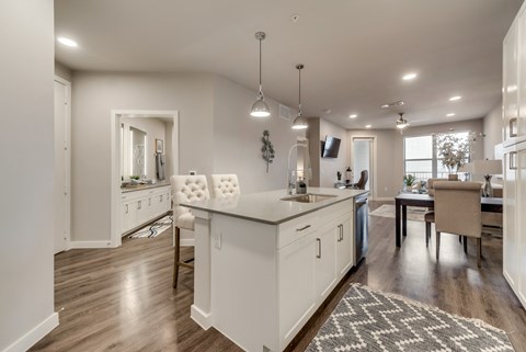 A modern kitchen with white cabinets and a wooden floor.