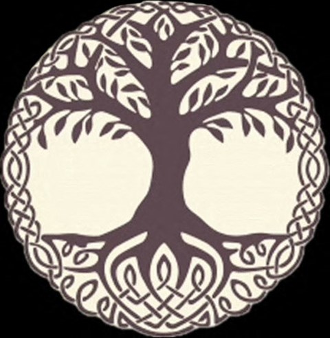 A circular design with a tree pattern in the center.