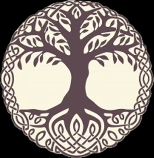 A circular design with a tree pattern in the center.