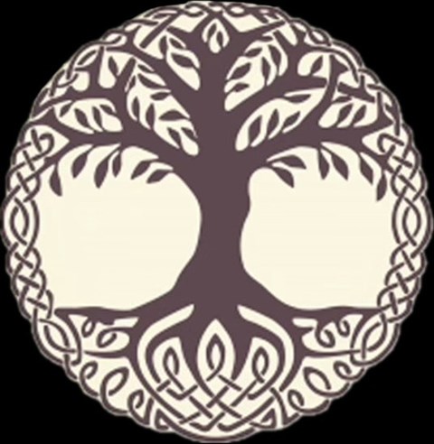 A circular design with a tree pattern in the center.