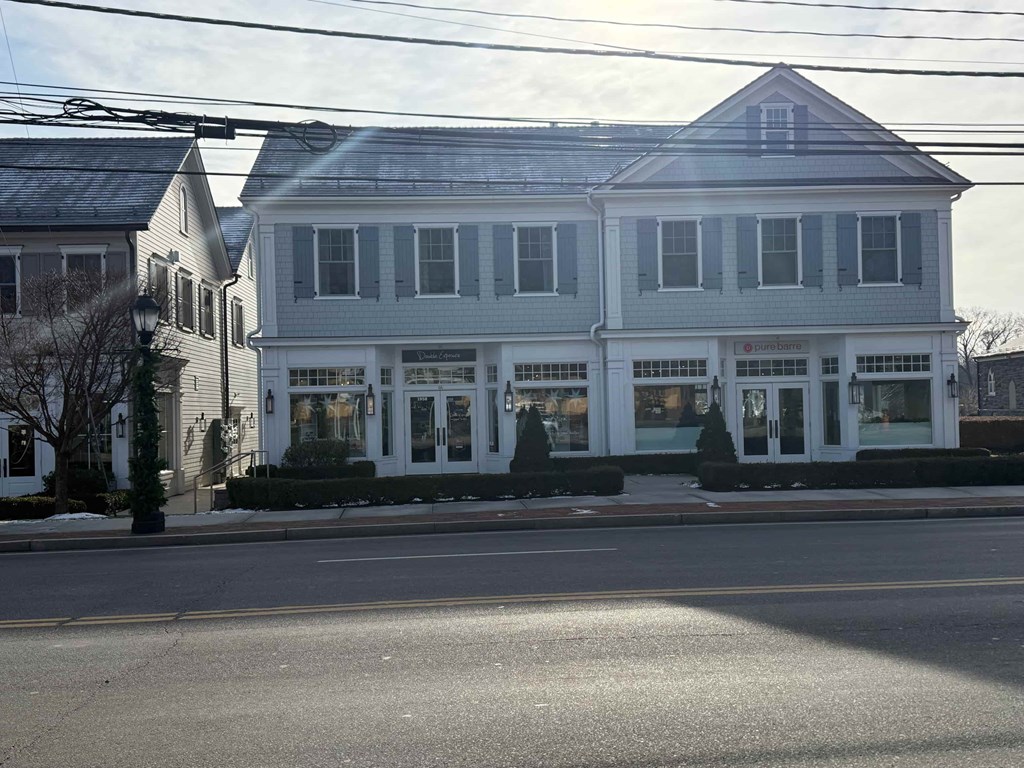 A large white building with a grey roof and a black tree in front of it.