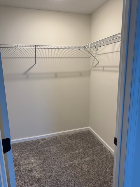 A room with a grey carpet and a white wall with a blue door.