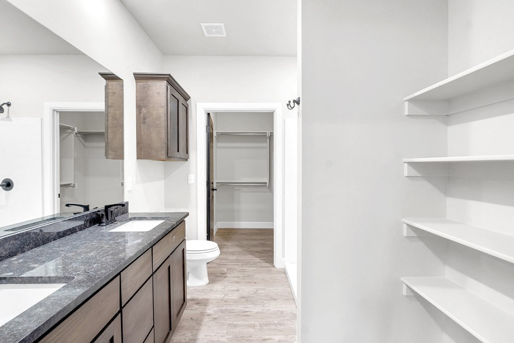 A bathroom with a sink, toilet, and shelves.
