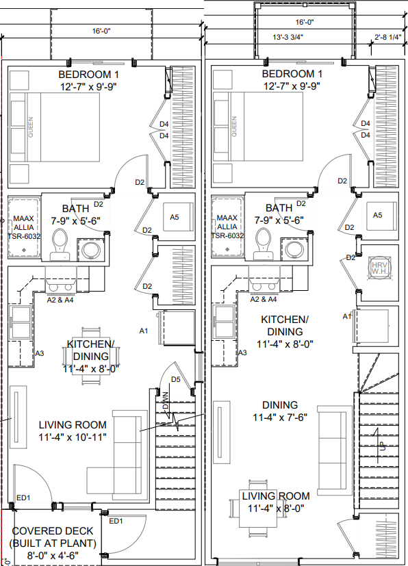A floor plan for a home with two bedrooms, two bathrooms, a living room, a dining room, a kitchen, and a covered deck.