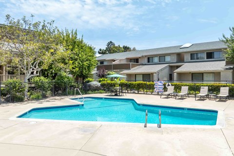A swimming pool in front of apartment buildings.