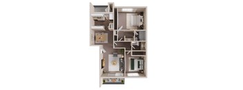 A 3D floor plan of a two-bedroom apartment with a kitchen, living room, two bedrooms, and one & a half bathrooms.