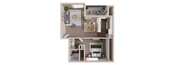 A 3D floor plan of a one-bedroom apartment with a kitchen, living room, and bathroom.