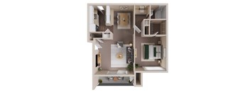 A 3D floor plan of a one-bedroom apartment with a kitchen, living room, and bathroom.