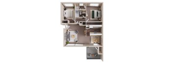 A 3D floor plan of a two-bedroom apartment with a kitchen, living room, two bedrooms, and two bathrooms.