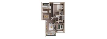 A 3D floor plan of a two-bedroom apartment with a kitchen, living room, two bedrooms, and two bathrooms.