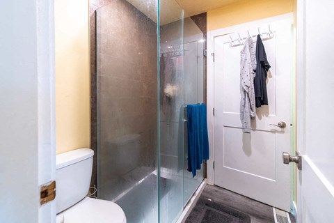 A bathroom with a toilet, a glass shower door, and a white door.