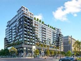A modern multi-story building with balconies and greenery on the facade.