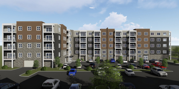 A rendering of a multi-story apartment complex with a parking lot in front.