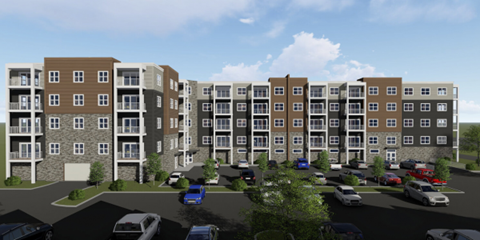 A rendering of a multi-story apartment complex with a parking lot in front.