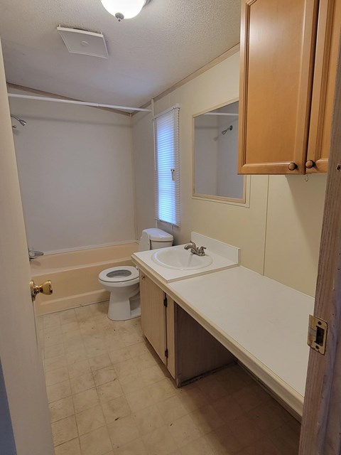 A bathroom with a toilet, sink, and mirror.