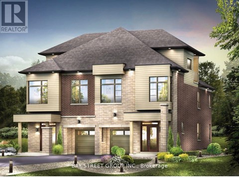A rendering of a two-story house with a garage on the bottom floor.