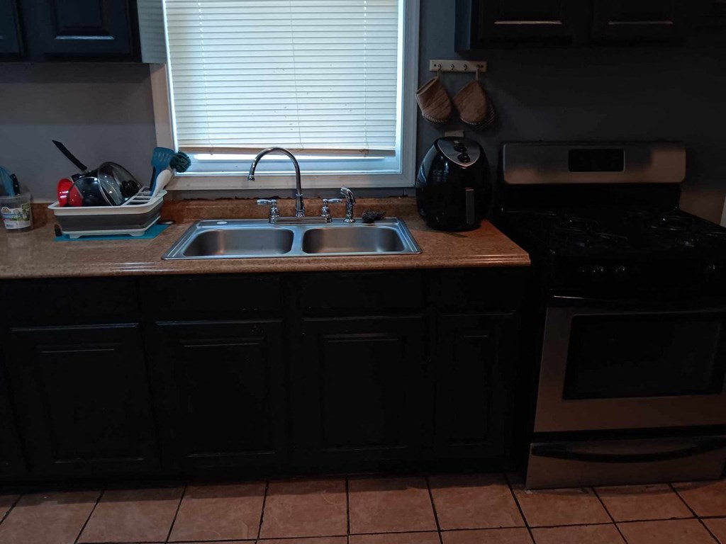 A kitchen with a sink and a stove.
