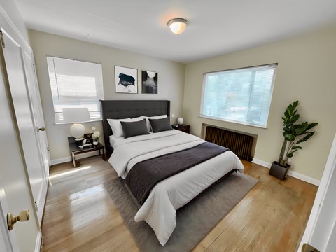 A bedroom with a large bed and a plant.