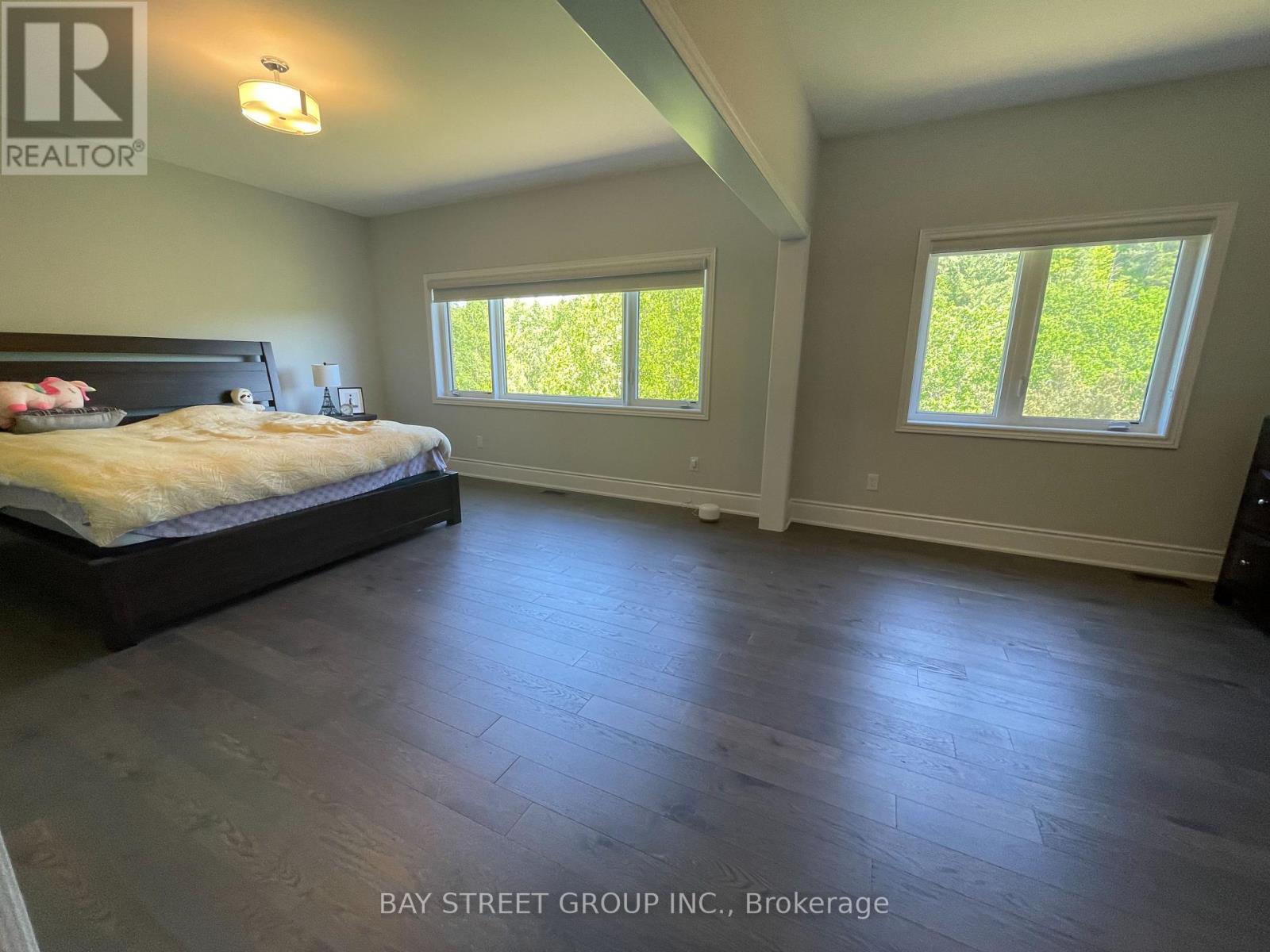 A bedroom with a large bed and two windows.