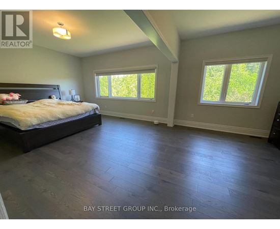 A bedroom with a large bed and two windows.