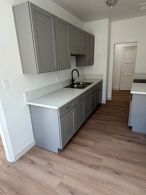 A kitchen with a sink and cabinets.